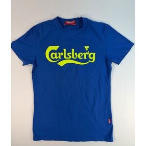 Carlsberg Graphic T-Shirt Mens Medium Blue Neon Yellow Logo Short Sleeve Tee